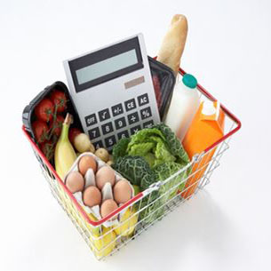 groceries in a basket with a calculator