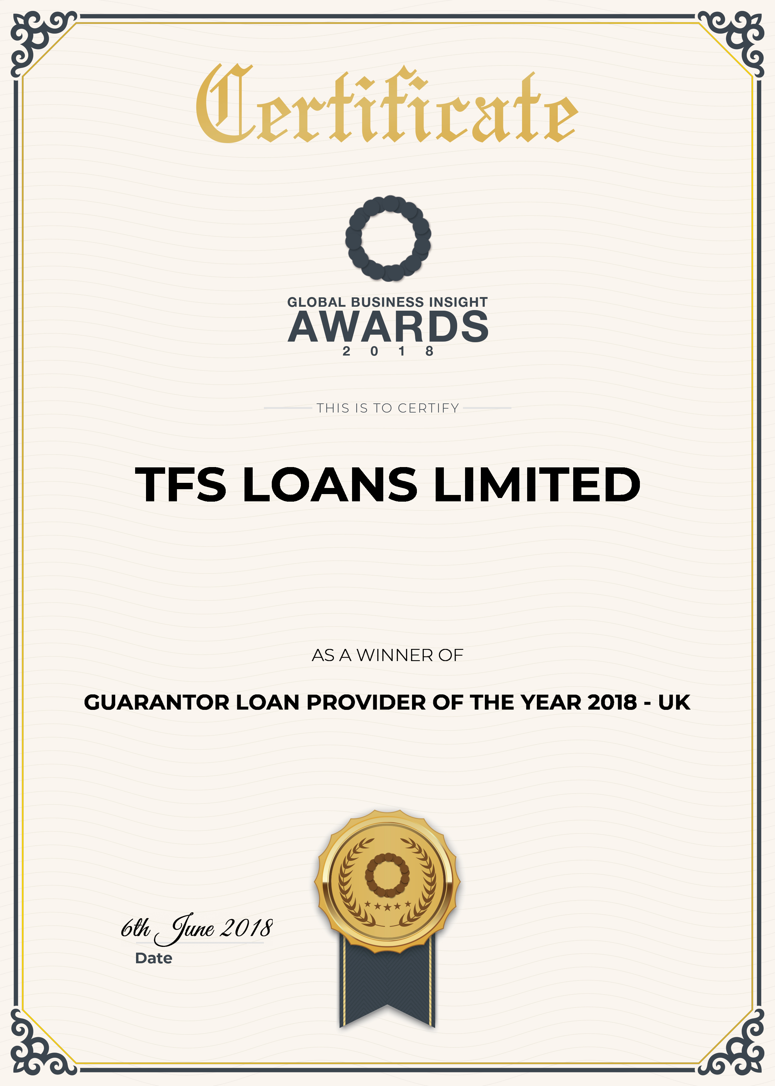 certificate award for guarantor loan provider of the year 2018 UK 